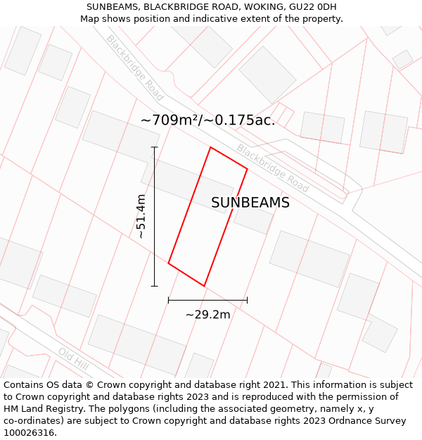 SUNBEAMS, BLACKBRIDGE ROAD, WOKING, GU22 0DH: Plot and title map