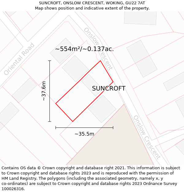 SUNCROFT, ONSLOW CRESCENT, WOKING, GU22 7AT: Plot and title map