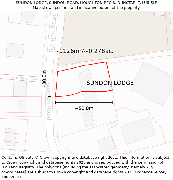 SUNDON LODGE, SUNDON ROAD, HOUGHTON REGIS, DUNSTABLE, LU5 5LR: Plot and title map