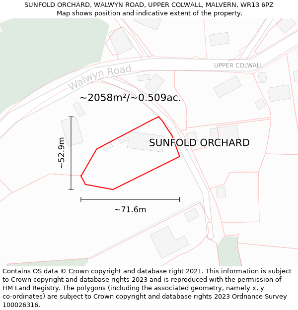 SUNFOLD ORCHARD, WALWYN ROAD, UPPER COLWALL, MALVERN, WR13 6PZ: Plot and title map