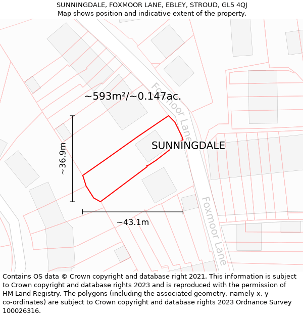 SUNNINGDALE, FOXMOOR LANE, EBLEY, STROUD, GL5 4QJ: Plot and title map