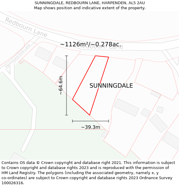 SUNNINGDALE, REDBOURN LANE, HARPENDEN, AL5 2AU: Plot and title map