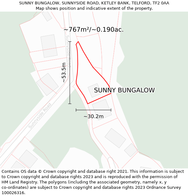 SUNNY BUNGALOW, SUNNYSIDE ROAD, KETLEY BANK, TELFORD, TF2 0AA: Plot and title map