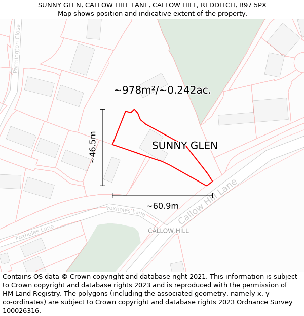 SUNNY GLEN, CALLOW HILL LANE, CALLOW HILL, REDDITCH, B97 5PX: Plot and title map