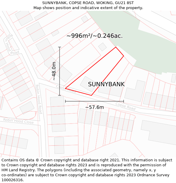 SUNNYBANK, COPSE ROAD, WOKING, GU21 8ST: Plot and title map