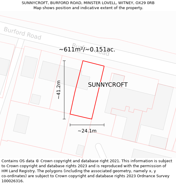 SUNNYCROFT, BURFORD ROAD, MINSTER LOVELL, WITNEY, OX29 0RB: Plot and title map