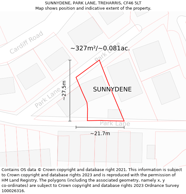 SUNNYDENE, PARK LANE, TREHARRIS, CF46 5LT: Plot and title map