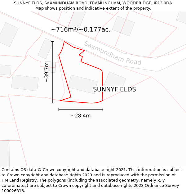 SUNNYFIELDS, SAXMUNDHAM ROAD, FRAMLINGHAM, WOODBRIDGE, IP13 9DA: Plot and title map