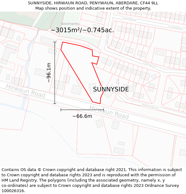 SUNNYSIDE, HIRWAUN ROAD, PENYWAUN, ABERDARE, CF44 9LL: Plot and title map