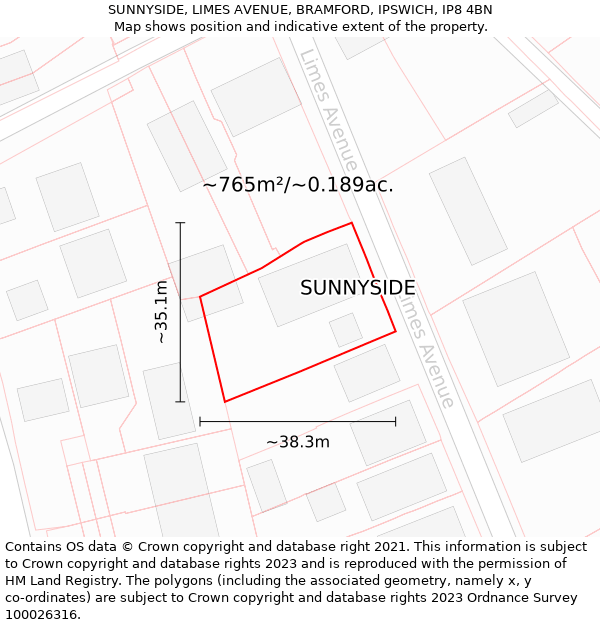 SUNNYSIDE, LIMES AVENUE, BRAMFORD, IPSWICH, IP8 4BN: Plot and title map