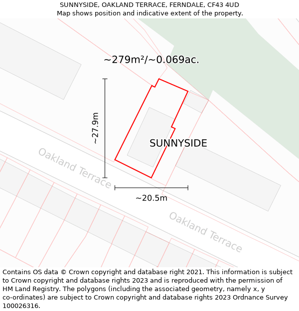 SUNNYSIDE, OAKLAND TERRACE, FERNDALE, CF43 4UD: Plot and title map