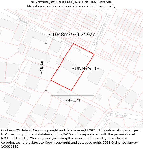 SUNNYSIDE, PODDER LANE, NOTTINGHAM, NG3 5RL: Plot and title map