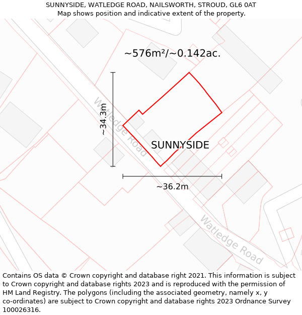 SUNNYSIDE, WATLEDGE ROAD, NAILSWORTH, STROUD, GL6 0AT: Plot and title map