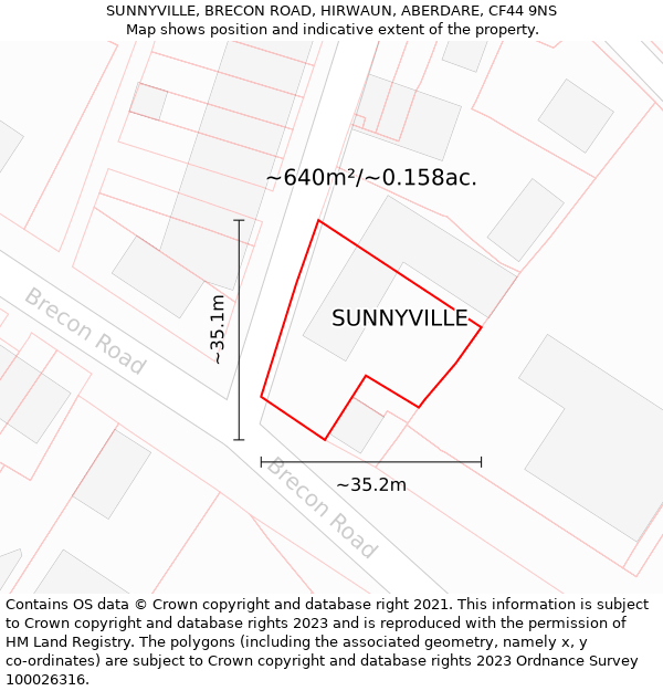 SUNNYVILLE, BRECON ROAD, HIRWAUN, ABERDARE, CF44 9NS: Plot and title map