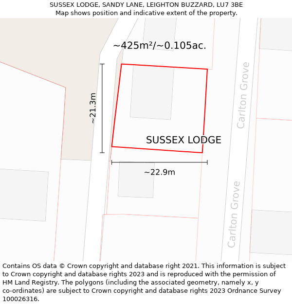 SUSSEX LODGE, SANDY LANE, LEIGHTON BUZZARD, LU7 3BE: Plot and title map