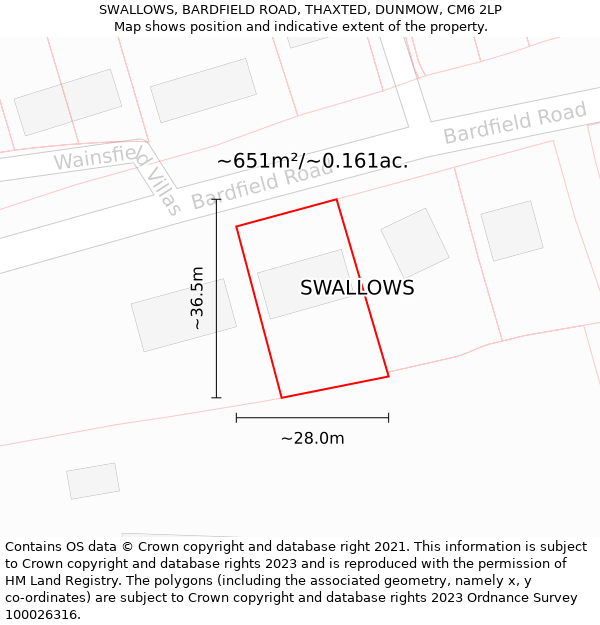 SWALLOWS, BARDFIELD ROAD, THAXTED, DUNMOW, CM6 2LP: Plot and title map
