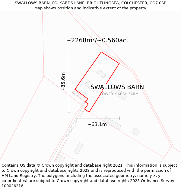 SWALLOWS BARN, FOLKARDS LANE, BRIGHTLINGSEA, COLCHESTER, CO7 0SP: Plot and title map