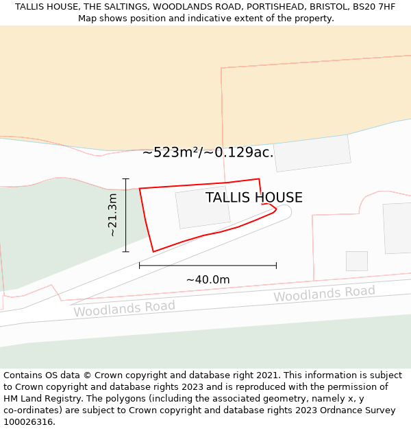 TALLIS HOUSE, THE SALTINGS, WOODLANDS ROAD, PORTISHEAD, BRISTOL, BS20 7HF: Plot and title map