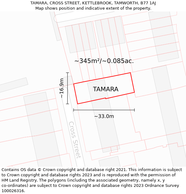 TAMARA, CROSS STREET, KETTLEBROOK, TAMWORTH, B77 1AJ: Plot and title map