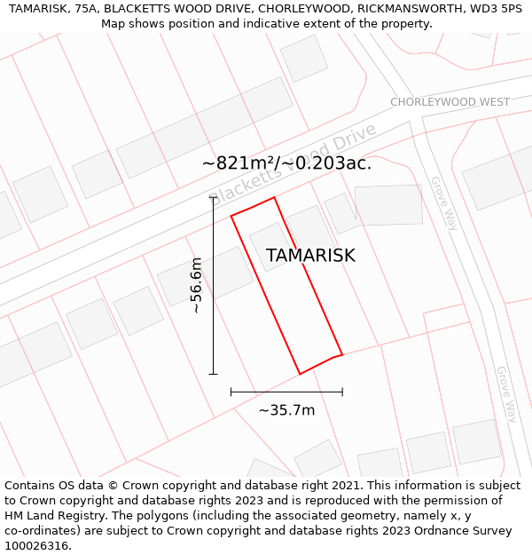 TAMARISK, 75A, BLACKETTS WOOD DRIVE, CHORLEYWOOD, RICKMANSWORTH, WD3 5PS: Plot and title map