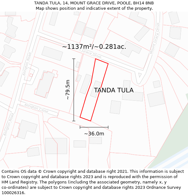 TANDA TULA, 14, MOUNT GRACE DRIVE, POOLE, BH14 8NB: Plot and title map