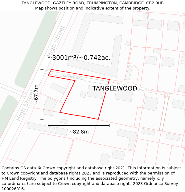 TANGLEWOOD, GAZELEY ROAD, TRUMPINGTON, CAMBRIDGE, CB2 9HB: Plot and title map
