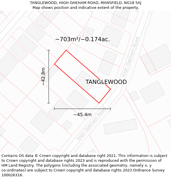 TANGLEWOOD, HIGH OAKHAM ROAD, MANSFIELD, NG18 5AJ: Plot and title map