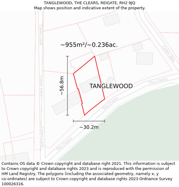 TANGLEWOOD, THE CLEARS, REIGATE, RH2 9JQ: Plot and title map