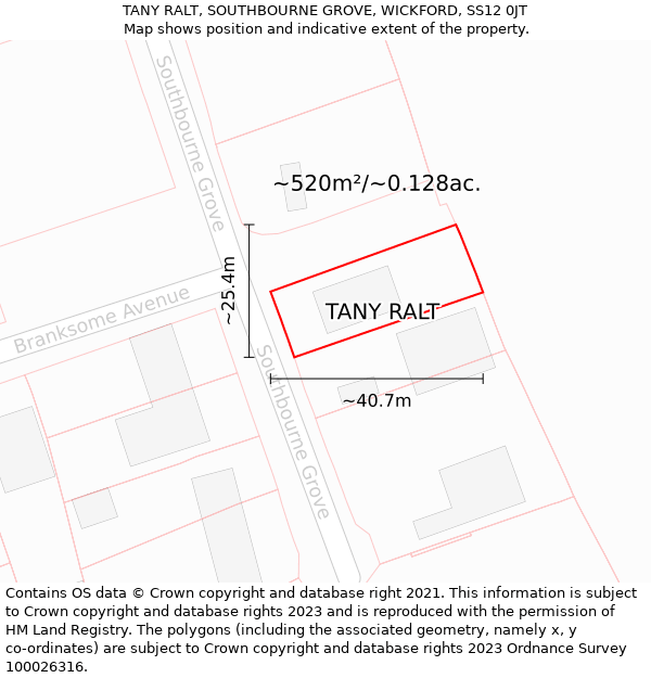 TANY RALT, SOUTHBOURNE GROVE, WICKFORD, SS12 0JT: Plot and title map