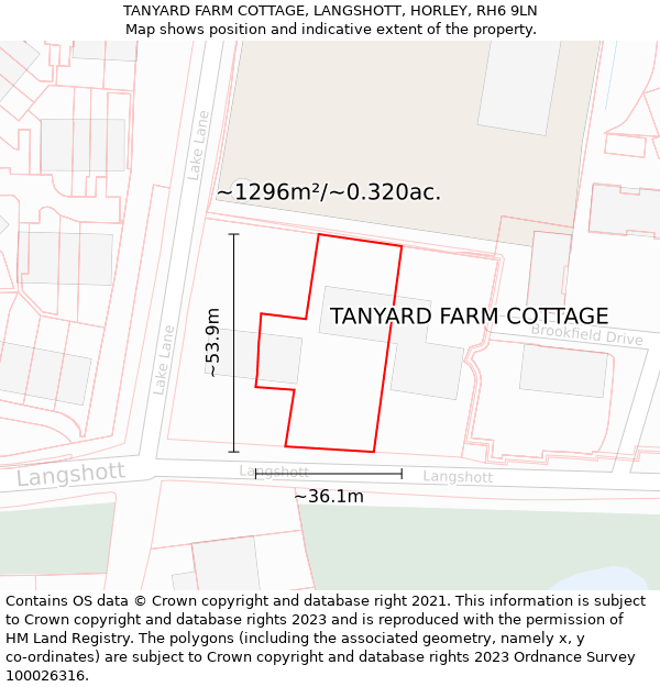 TANYARD FARM COTTAGE, LANGSHOTT, HORLEY, RH6 9LN: Plot and title map