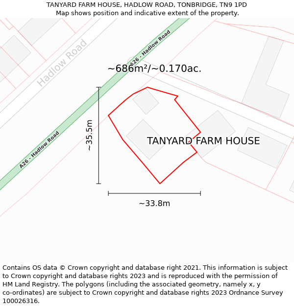 TANYARD FARM HOUSE, HADLOW ROAD, TONBRIDGE, TN9 1PD: Plot and title map