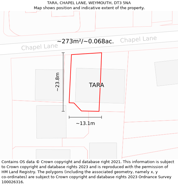 TARA, CHAPEL LANE, WEYMOUTH, DT3 5NA: Plot and title map