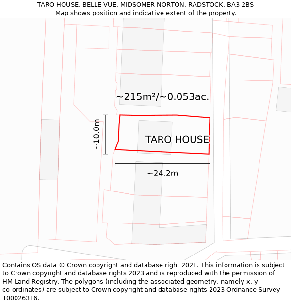 TARO HOUSE, BELLE VUE, MIDSOMER NORTON, RADSTOCK, BA3 2BS: Plot and title map