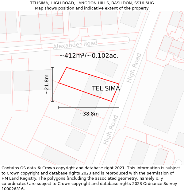TELISIMA, HIGH ROAD, LANGDON HILLS, BASILDON, SS16 6HG: Plot and title map