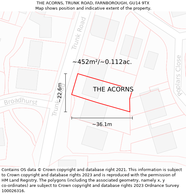 THE ACORNS, TRUNK ROAD, FARNBOROUGH, GU14 9TX: Plot and title map