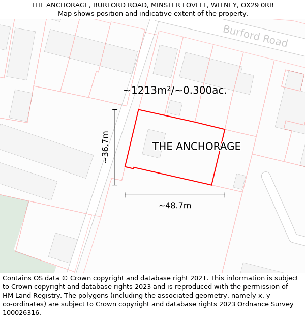 THE ANCHORAGE, BURFORD ROAD, MINSTER LOVELL, WITNEY, OX29 0RB: Plot and title map