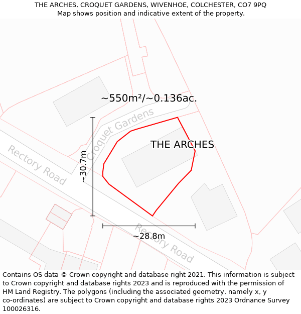 THE ARCHES, CROQUET GARDENS, WIVENHOE, COLCHESTER, CO7 9PQ: Plot and title map