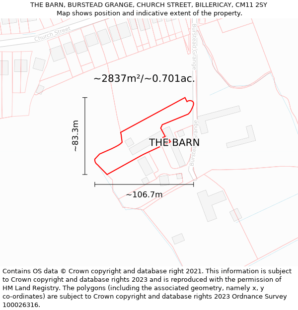 THE BARN, BURSTEAD GRANGE, CHURCH STREET, BILLERICAY, CM11 2SY: Plot and title map