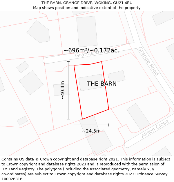 THE BARN, GRANGE DRIVE, WOKING, GU21 4BU: Plot and title map