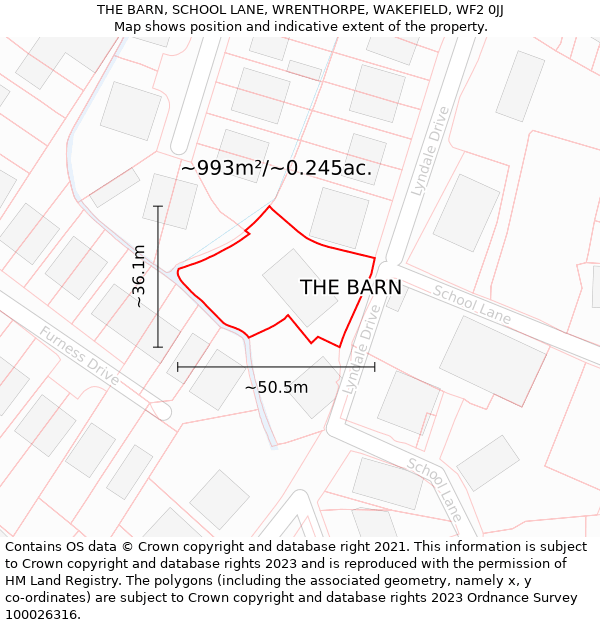 THE BARN, SCHOOL LANE, WRENTHORPE, WAKEFIELD, WF2 0JJ: Plot and title map