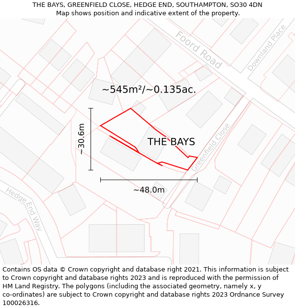 THE BAYS, GREENFIELD CLOSE, HEDGE END, SOUTHAMPTON, SO30 4DN: Plot and title map