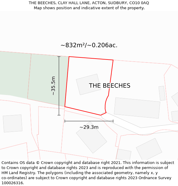 THE BEECHES, CLAY HALL LANE, ACTON, SUDBURY, CO10 0AQ: Plot and title map