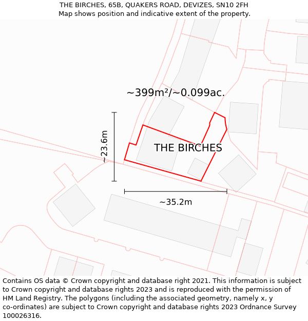 THE BIRCHES, 65B, QUAKERS ROAD, DEVIZES, SN10 2FH: Plot and title map