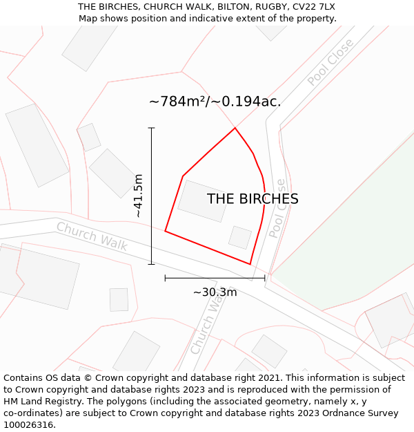 THE BIRCHES, CHURCH WALK, BILTON, RUGBY, CV22 7LX: Plot and title map