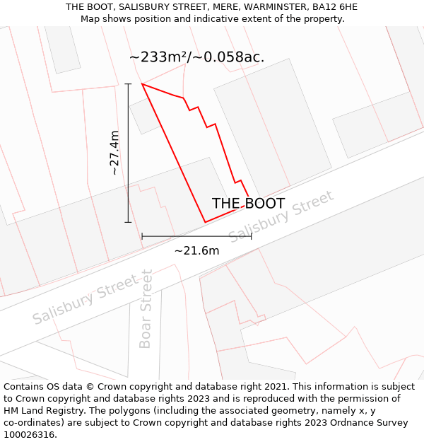 THE BOOT, SALISBURY STREET, MERE, WARMINSTER, BA12 6HE: Plot and title map
