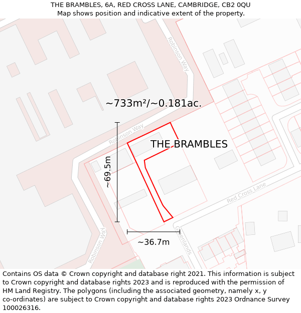 THE BRAMBLES, 6A, RED CROSS LANE, CAMBRIDGE, CB2 0QU: Plot and title map