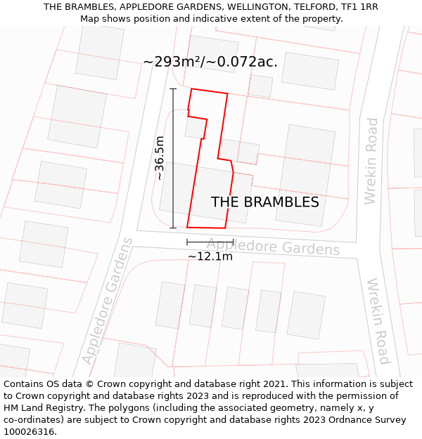THE BRAMBLES, APPLEDORE GARDENS, WELLINGTON, TELFORD, TF1 1RR: Plot and title map