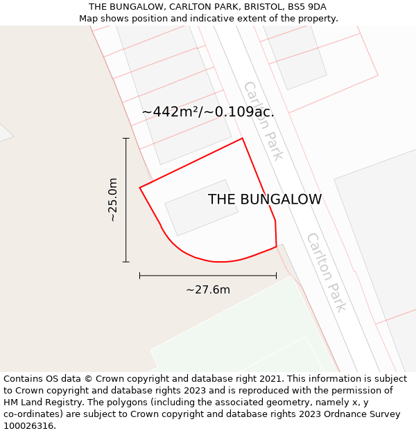 THE BUNGALOW, CARLTON PARK, BRISTOL, BS5 9DA: Plot and title map