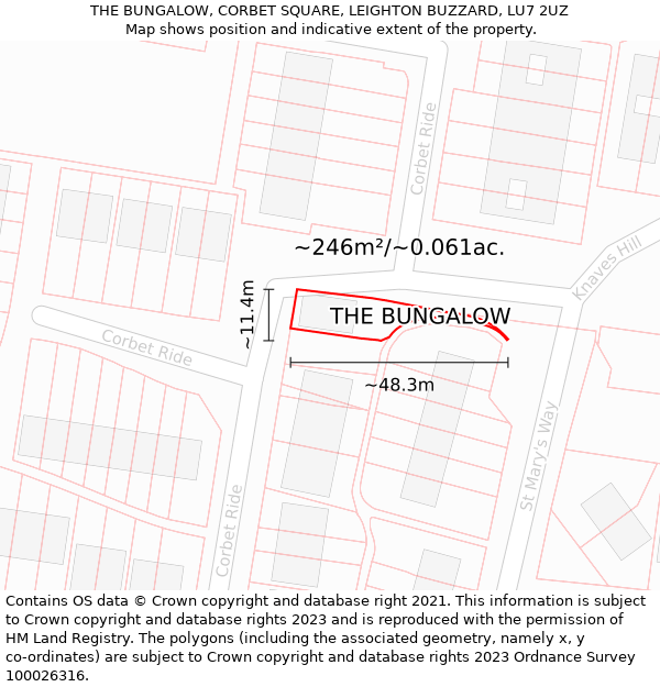 THE BUNGALOW, CORBET SQUARE, LEIGHTON BUZZARD, LU7 2UZ: Plot and title map