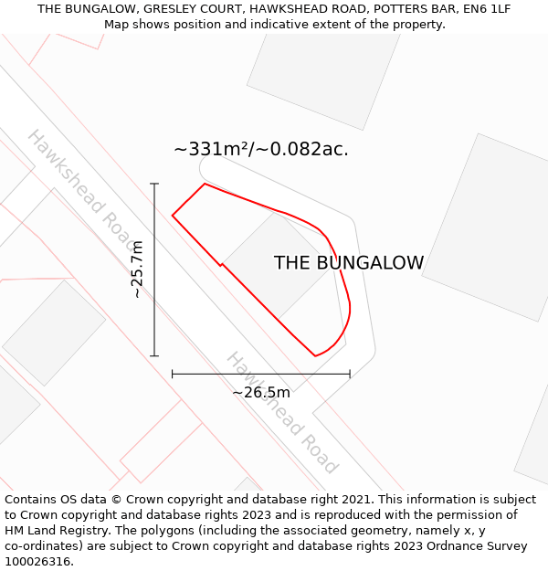 THE BUNGALOW, GRESLEY COURT, HAWKSHEAD ROAD, POTTERS BAR, EN6 1LF: Plot and title map